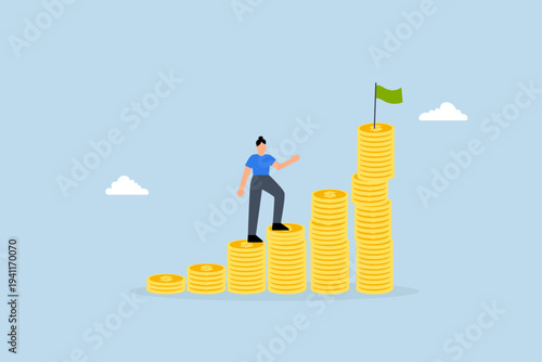 Woman investing, successful female investor climbs stack of money coins to achieve her financial goals