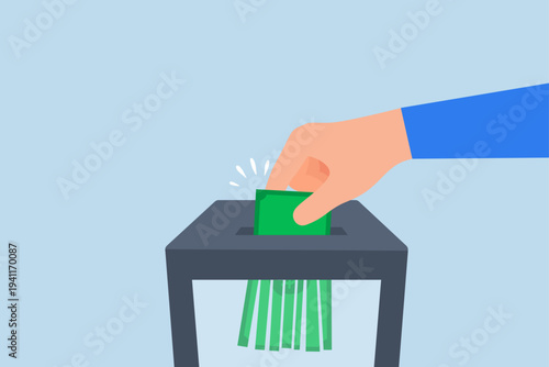 Money shred bad investment, businessperson is manually inserting banknotes into shredder in order to destroy them, resulting in the loss of all their wealth.