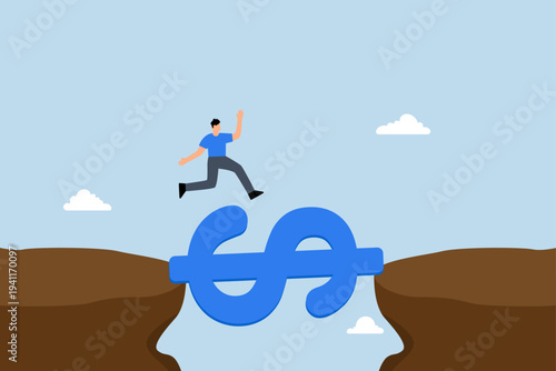 Money to rescue, The businessman leaps over a gap in the cliff by crossing bridge adorned with dollar signs while holding money.
