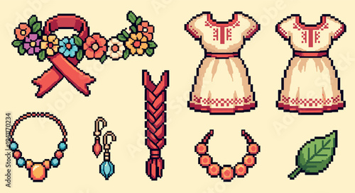 Traditional pixel art attire and accessories with floral accents