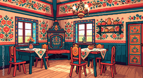 Charming vintage pixel art room with floral decor and rustic furniture