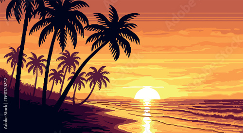 Retro sunset beach with palm trees in pixel art style