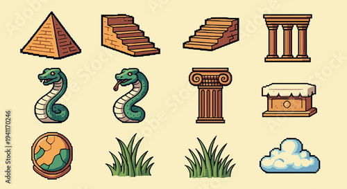 Retro pixel art: ancient architecture, mythical creatures, and nature elements
