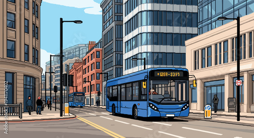 Urban cityscape with blue buses and modern architecture in retro pixel art style