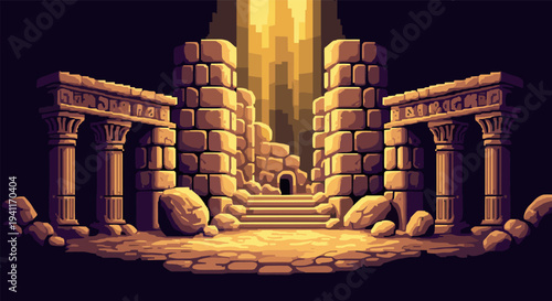 Ancient ruins in pixel art style with mysterious glowing light