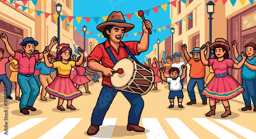 Lively street festival with dancing musicians and celebrating crowd