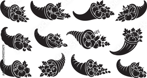 Black and white cornucopia illustrations with fruits and flowers