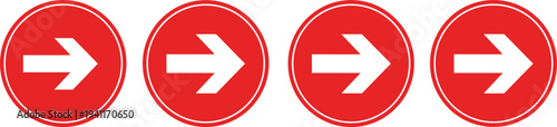 Set of four red circular directional arrow icons indicating right way, navigation pointer symbols for website interface, signage