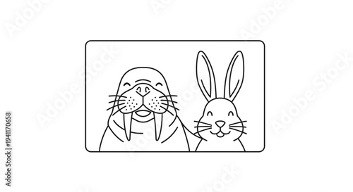 Charming walrus and rabbit friendship portrait in simple outline art style illustration