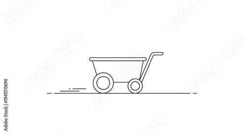 Minimalist line illustration of a two-wheeled utility cart in motion, conveying garden work and