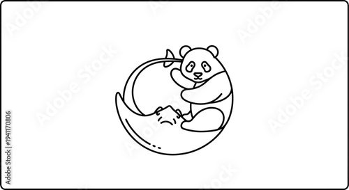Adorable outline panda gently resting upon a crescent moon minimalistic playful drawing