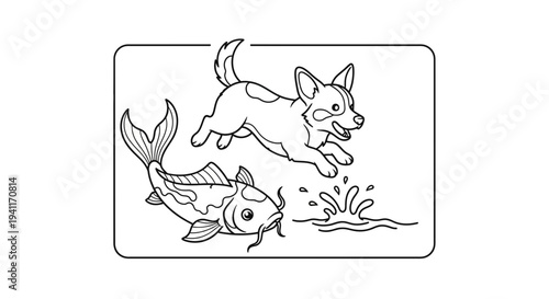 Energetic dog leaping playfully above a serene koi fish creating splashes of water in a delightful