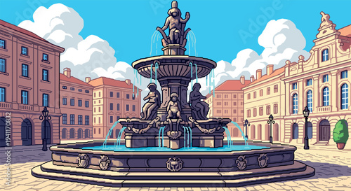Retro pixel art fountain in european plaza with historic architecture and blue sky