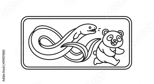 Whimsical animated pursuit featuring a cheerful panda running from a slithering eel illustration