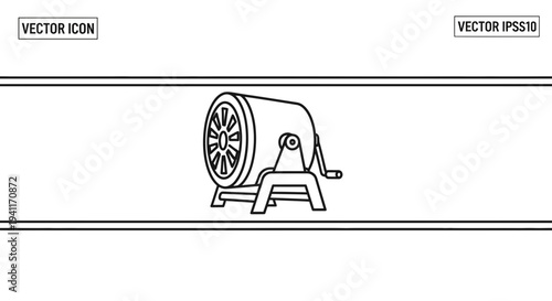 monochrome vector graphic depicting a manually operated industrial mixing cylinder on a stand