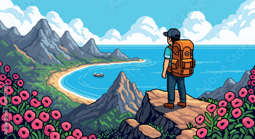 Pixel art adventure: explorer overlooks coastal cliff with scenic views