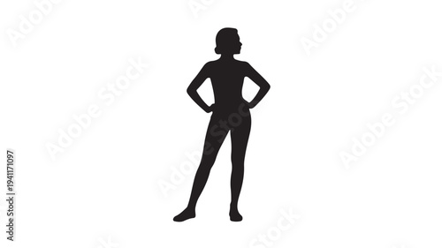Silhouette of a confident woman standing with hands on hips in dramatic pose with deep black color on white background for fitness advertising