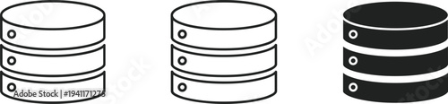Set of minimalist database server icons in outline and flat black styles, isolated on white background for data storage concepts.