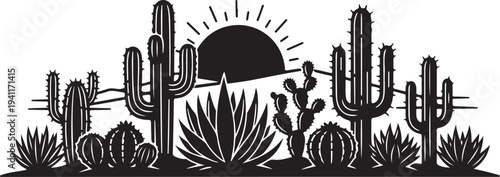 Desert Landscape with Cacti and Succulents at Sunset Silhouette