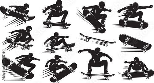 Silhouette of skateboarder in various dynamic poses and actions