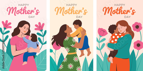 Happy Mother's Day greeting design collection, modern brush lettering typography with hearts, flowers and decorative red and black elements.
