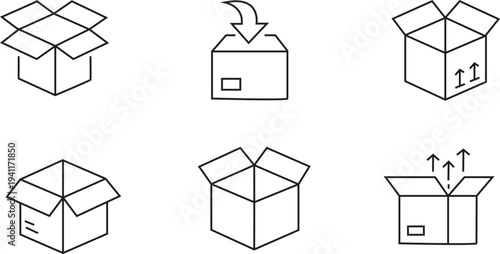 Six different views of an open cardboard box