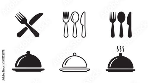Restaurant Utensils and Serving Dishes Icons in Simple Flat Design with Black Silhouettes for Web and Mobile App Use
