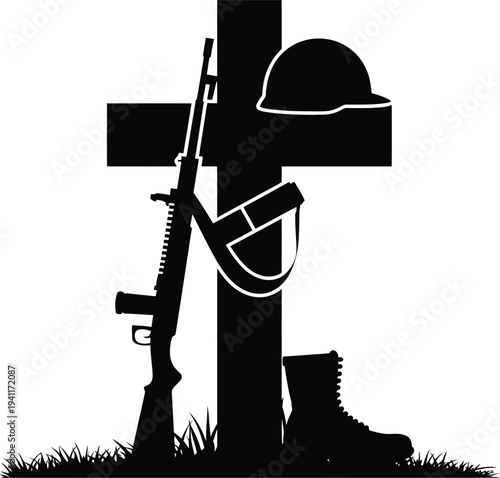 Military memorial, cross silhouette illustration, black and white fallen soldier tribute symbol with rifles, helmet, and boots representing honor, sacrifice, and remembrance.