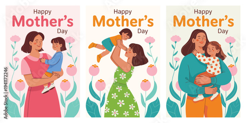 Happy Mother's Day greeting design collection, modern brush lettering typography with hearts flowers and decorative red and black elements.