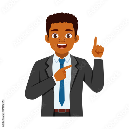 Happy African American businessman smiling cheerfully pointing his left index finger right and his right index finger up