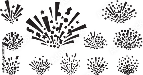 Fireworks Explosions in Black Silhouette on White Background