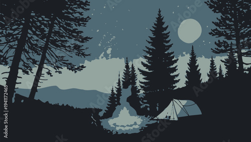 Serene nighttime camping scene in misty forest with tent and campfire