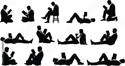 Black silhouette illustrations of twelve people reading books in various seated and reclined positions, casual comfortable reading artwork