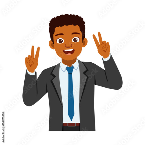 Smiling young African American man making a peace sign with both hands in a professional suit a happy expression illustration