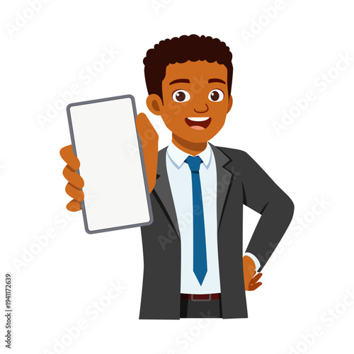 Happy African American Businessman Smiling Showing Blank Smartphone Screen with Hand on Hip Confident Expression