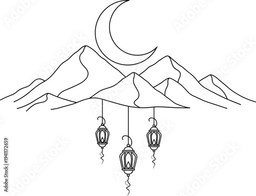 Ramadan lanterns hanging over mountains under crescent moon