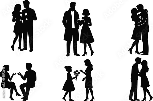 Romantic couple silhouettes collection hugging kissing talking and celebrating love, relationship scenes with man woman vector illustration set