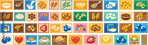 National Cereal Day Breakfast Food Stamp Icon Set with Grain Bowl Milk and Morning Meal Vector Collection