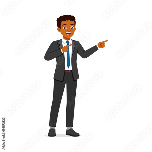 Smiling African American Businessman in a Suit Confidently Pointing Both Hands Showing Direction