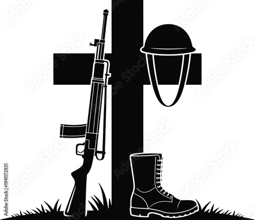 Military memorial, cross silhouette, black and white illustration with rifle helmet, and combat boots symbolizing fallen soldier tribute and remembrance.