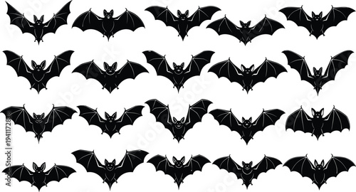 Black silhouette vector illustration of bats in diverse wing shapes and poses, nocturnal animals, Halloween theme, gothic artwork design