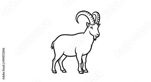 Minimalist black and white line art illustration of a powerful horned goat with a distinct beard
