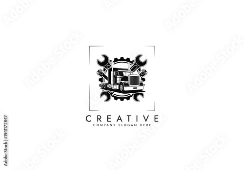 Truck Repair Service Log, Wrench and Gear Mechanic Logo, Semi Truck Garage Logo  vector design