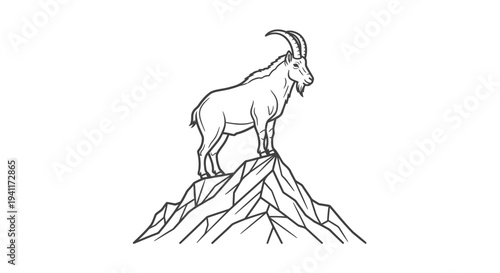 Robust mountain ibex standing proudly atop a jagged peak, capturing wild spirit and alpine