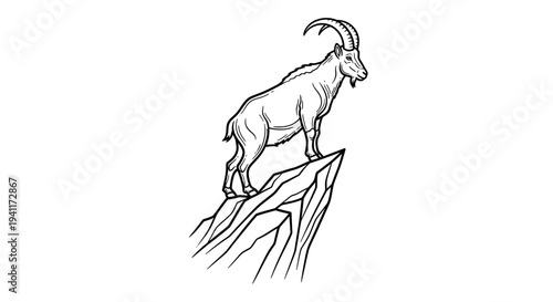 Detailed black and white illustration of a majestic ibex perched firmly atop a rugged mountain peak