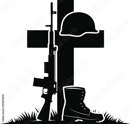 Fallen soldier memorial, silhouette, minimalist black and white military cross with helmet, rifles, and boots representing honour, sacrifice, and remembrance symbol.
