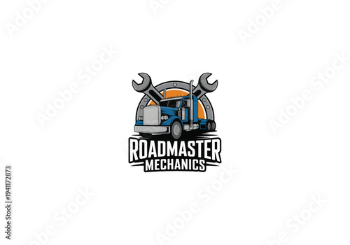 Truck Repair Service Log, Wrench and Gear Mechanic Logo, Semi Truck Garage Logo  vector design