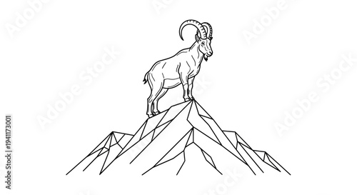 Majestic ibex conquering the abstract geometric mountain peak in a striking minimalist line art