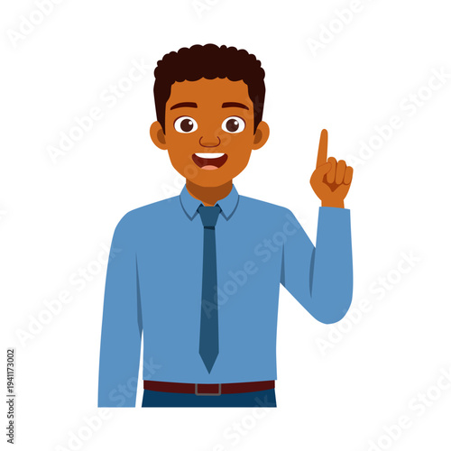 A happy African American man smiling cheerfully and pointing his finger upwards with a bright idea expression in an engaging illustration