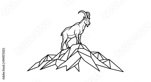 Clean geometric line drawing of a wild alpine ibex standing triumphantly on mountain summit